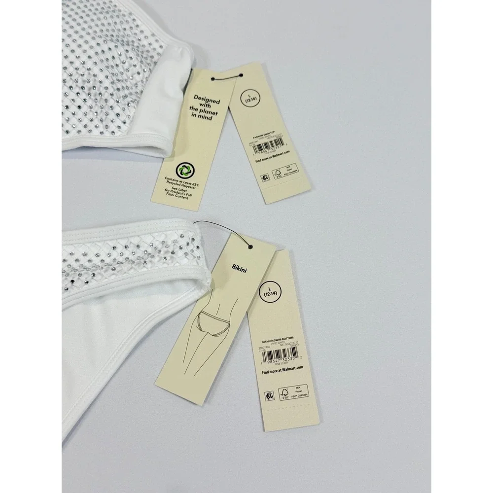 No Boundaries White Rhinestone Mesh Bikini‎ Set Large 12-14 NWT NB17HQ023771